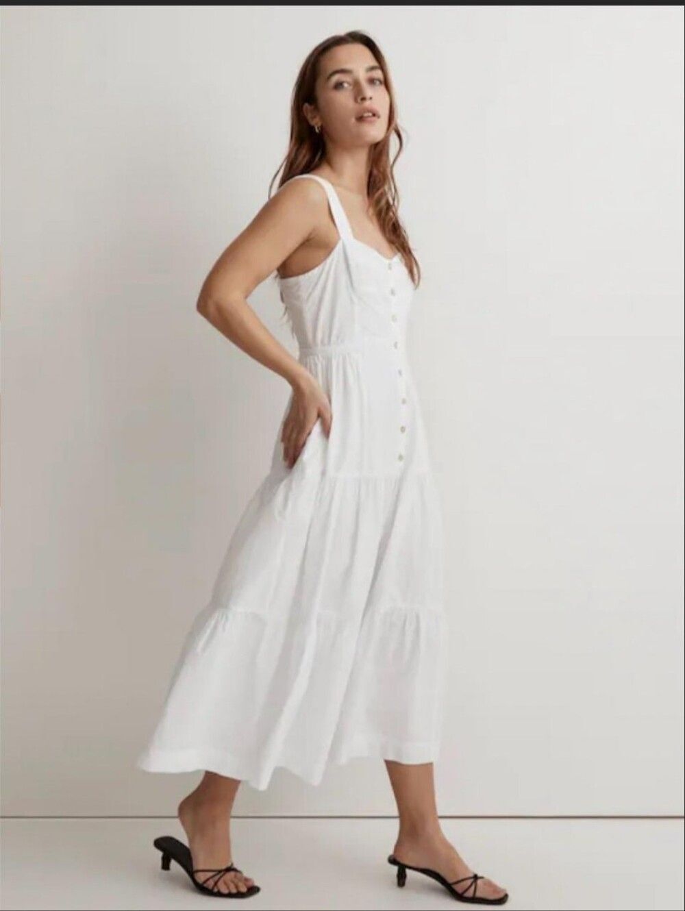 MadewellβWhite Button-Front Tiered Midi Dress